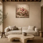 Antique Rose Stone Bowl Rose Wall Art Canvas Print presented in a sophisticated home setting