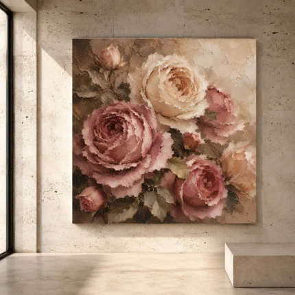 Antique rose and mushroom taupe Rose Wall Art print for elegant interiors. No text or watermarks in design.