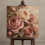 Antique Rose & Mushroom Taupe Heirloom Rose Wall Art Canvas Print displayed on a studio easel