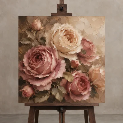 Antique Rose & Mushroom Taupe Heirloom Rose Wall Art Canvas Print shown in Studio Easel