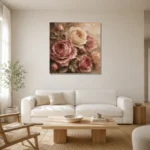 Antique Rose & Mushroom Taupe Heirloom Rose Wall Art Canvas Print styled in a refined neutral interior