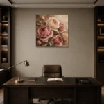 Antique Rose & Mushroom Taupe Heirloom Rose Wall Art Canvas Print displayed in a contemporary gallery-inspired room