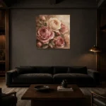 Antique Rose & Mushroom Taupe Heirloom Rose Wall Art Canvas Print shown in a warm modern interior