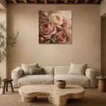 Antique Rose & Mushroom Taupe Heirloom Rose Wall Art Canvas Print presented in a sophisticated home setting