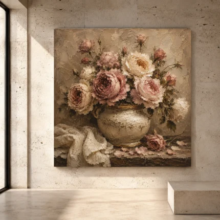 Antique rose and ivory Rose Wall Art print for elegant interiors. No text or watermarks in design.