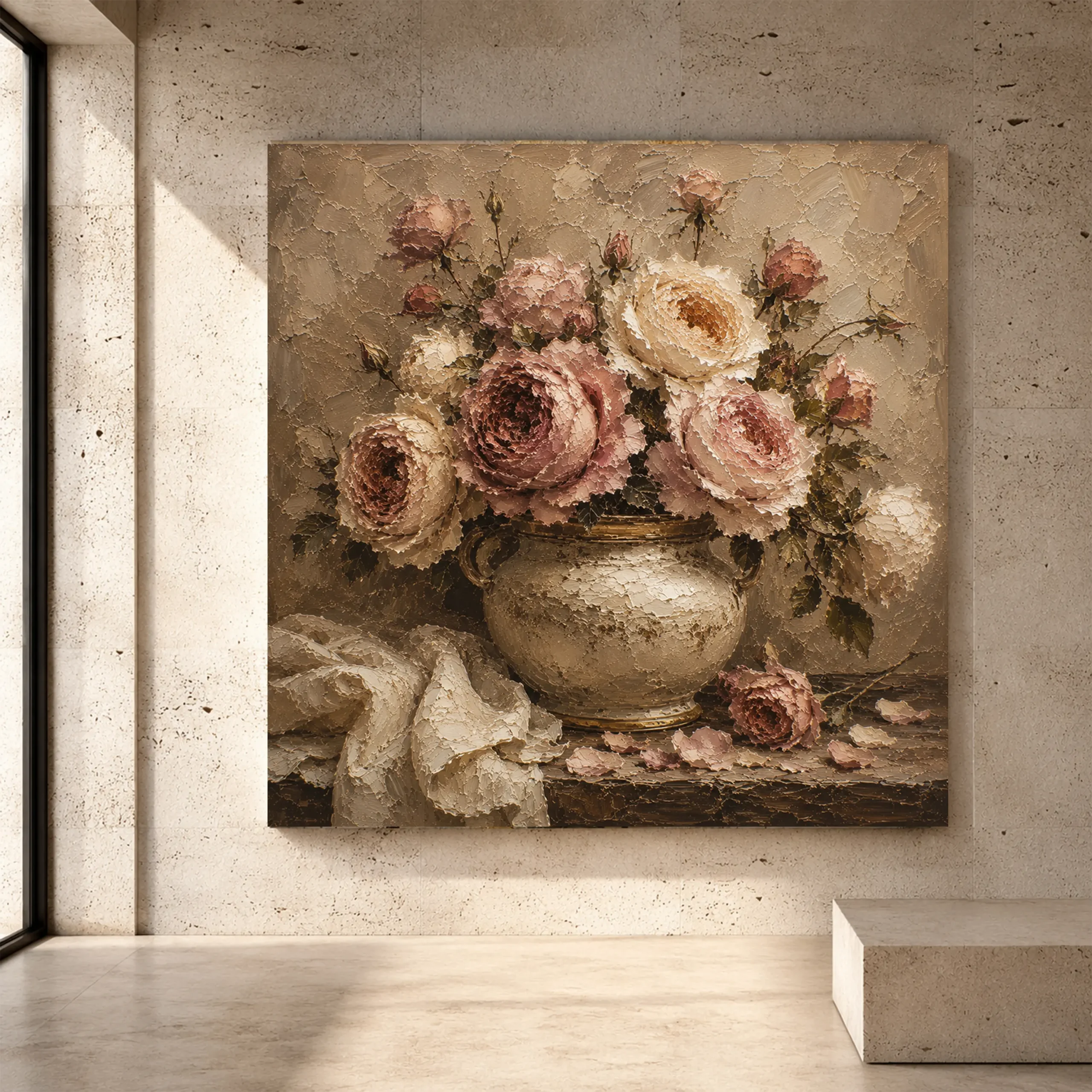 Premium Wall Art Kare Html Edition – FLOWERWA018 Image 1 Antique rose and ivory Rose Wall Art print for elegant interiors. No text or watermarks in design.