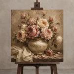 Antique Rose & Ivory Ceramic Vessel Rose Wall Art Canvas Print displayed on a studio easel