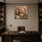 Antique Rose & Ivory Ceramic Vessel Rose Wall Art Canvas Print displayed in a contemporary gallery-inspired room