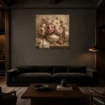Antique Rose & Ivory Ceramic Vessel Rose Wall Art Canvas Print shown in a warm modern interior