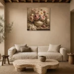 Antique Rose & Ivory Ceramic Vessel Rose Wall Art Canvas Print presented in a sophisticated home setting