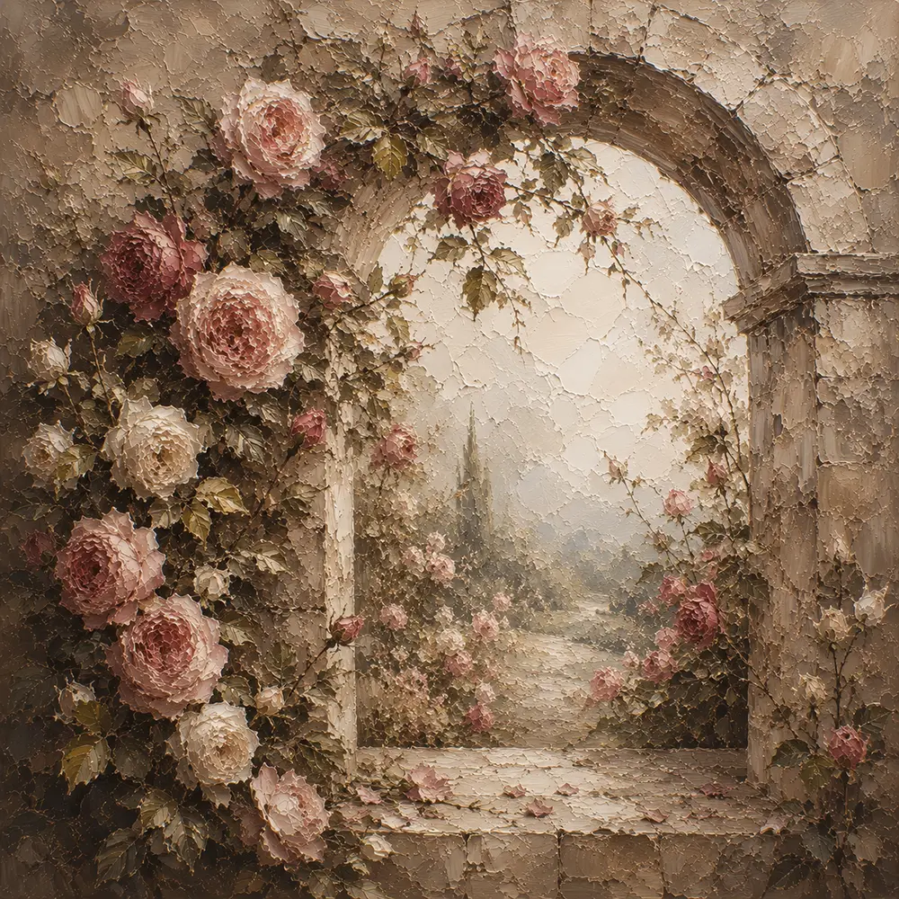 Antique Rose & Faded Sage Stone Arch Rose Wall Art Canvas Print