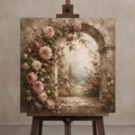 Antique Rose & Faded Sage Stone Arch Rose Wall Art Canvas Print displayed on a studio easel