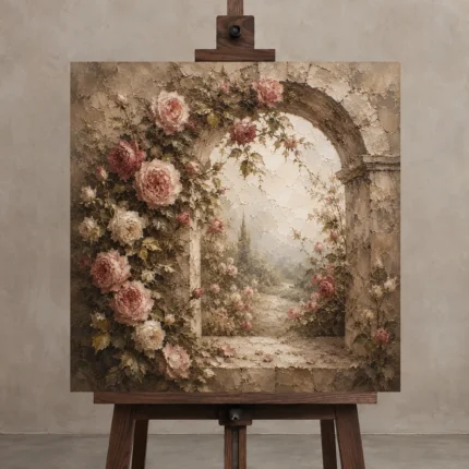 Antique Rose & Faded Sage Stone Arch Rose Wall Art Canvas Print shown in Studio Easel