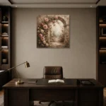 Antique Rose & Faded Sage Stone Arch Rose Wall Art Canvas Print displayed in a contemporary gallery-inspired room
