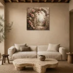 Antique Rose & Faded Sage Stone Arch Rose Wall Art Canvas Print presented in a sophisticated home setting