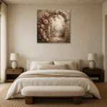 Antique Rose & Faded Sage Stone Arch Rose Wall Art Canvas Print showcased in an elegant minimalist interior