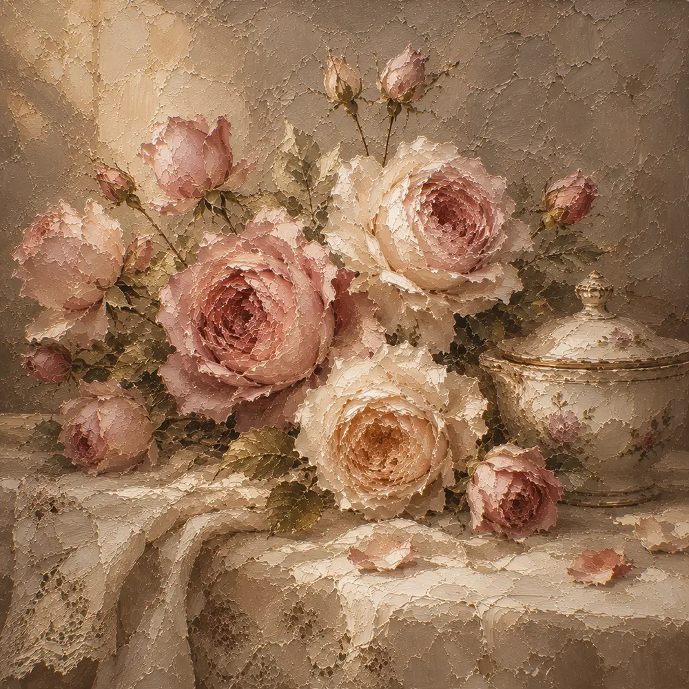 Antique Rose & Champagne Porcelain Rose Wall Art Canvas Print