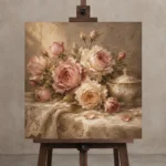 Antique Rose & Champagne Porcelain Rose Wall Art Canvas Print displayed on a studio easel