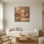Antique Rose & Champagne Porcelain Rose Wall Art Canvas Print styled in a refined neutral interior