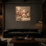 Antique Rose & Champagne Porcelain Rose Wall Art Canvas Print shown in a warm modern interior