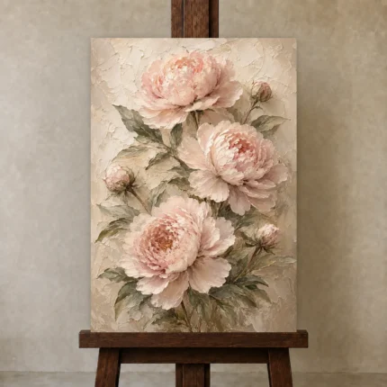 Blush & Cream Peony Wall Art Canvas Print shown in Studio Easel