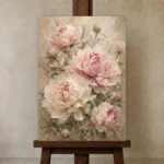 Blush Pink & Sage Peony Wall Art Canvas Print displayed on a studio easel
