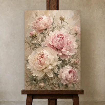 Blush Pink & Sage Peony Wall Art Canvas Print shown in Studio Easel