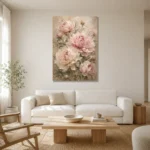 Blush Pink & Sage Peony Wall Art Canvas Print styled in a refined neutral interior