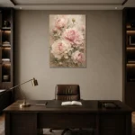 Blush Pink & Sage Peony Wall Art Canvas Print displayed in a contemporary gallery-inspired room