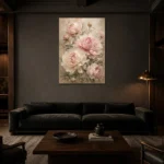 Blush Pink & Sage Peony Wall Art Canvas Print shown in a warm modern interior