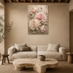 Blush Pink & Sage Peony Wall Art Canvas Print presented in a sophisticated home setting