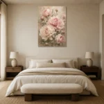 Blush Pink & Sage Peony Wall Art Canvas Print showcased in an elegant minimalist interior