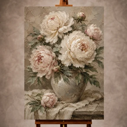 Cream and sage Peony Wall Art print for elegant interiors. No text or watermarks in design.
