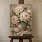 Cream & Sage Still Life Peony Wall Art Canvas Print displayed on a studio easel