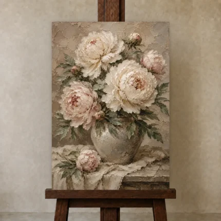 Cream & Sage Still Life Peony Wall Art Canvas Print shown in Studio Easel