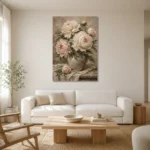 Cream & Sage Still Life Peony Wall Art Canvas Print styled in a refined neutral interior