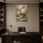 Cream & Sage Still Life Peony Wall Art Canvas Print displayed in a contemporary gallery-inspired room