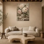 Cream & Sage Still Life Peony Wall Art Canvas Print presented in a sophisticated home setting