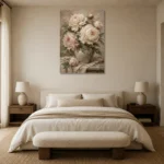 Cream & Sage Still Life Peony Wall Art Canvas Print showcased in an elegant minimalist interior