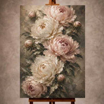 Blush and deep sage Peony Wall Art print for elegant interiors. No text or watermarks in design.