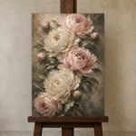 Blush & Deep Sage Cascading Peony Wall Art Canvas Print displayed on a studio easel