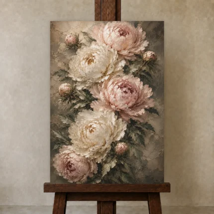 Blush & Deep Sage Cascading Peony Wall Art Canvas Print shown in Studio Easel