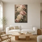 Blush & Deep Sage Cascading Peony Wall Art Canvas Print styled in a refined neutral interior