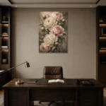 Blush & Deep Sage Cascading Peony Wall Art Canvas Print displayed in a contemporary gallery-inspired room