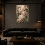 Blush & Deep Sage Cascading Peony Wall Art Canvas Print shown in a warm modern interior