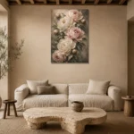 Blush & Deep Sage Cascading Peony Wall Art Canvas Print presented in a sophisticated home setting