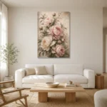 Blush Rose Conservatory Peony Wall Art Canvas Print styled in a refined neutral interior