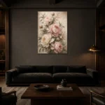 Blush Rose Conservatory Peony Wall Art Canvas Print shown in a warm modern interior