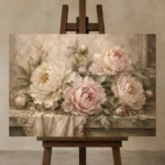 Blush & Cream Stone Ledge Peony Wall Art Canvas Print displayed on a studio easel