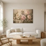 Blush & Cream Stone Ledge Peony Wall Art Canvas Print styled in a refined neutral interior